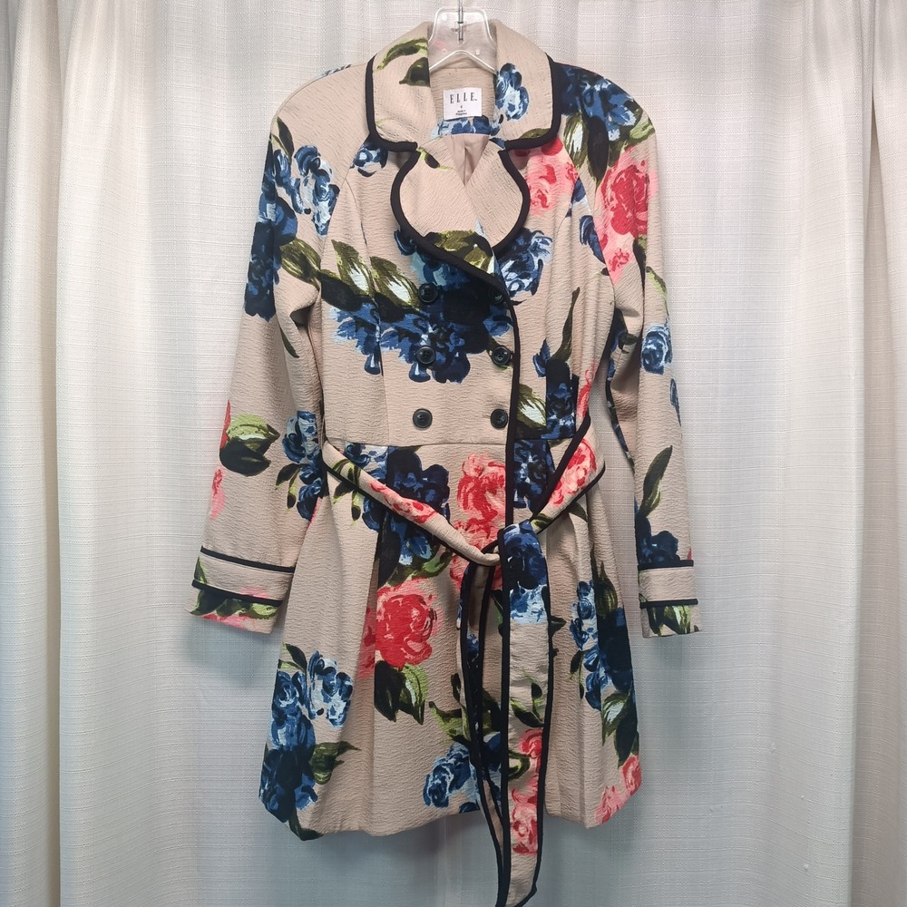 Elle Womens Floral Double Breasted Trench Coat Tan Blue Pink Size 6 Belted